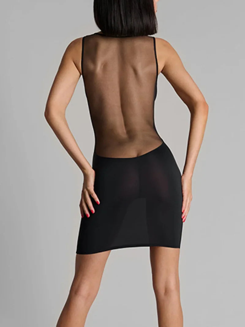 Y2K E-Girl Mesh-Panel V-Ausschnitt Bodycon Minikleid Damen Schwarz Ärmellose Clubwear Hauptbild