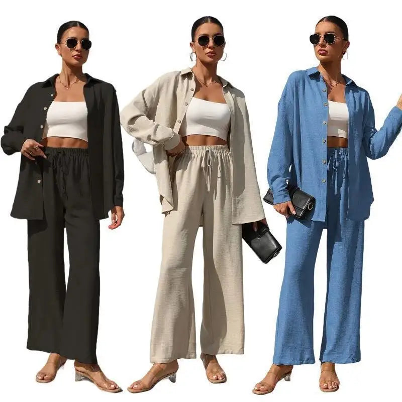 Große Größen Casual Locker Zweiteiler Weites Bein Hose Langarmshirt Hellbeige Street Style Elegant Qualität Polyester Somm...