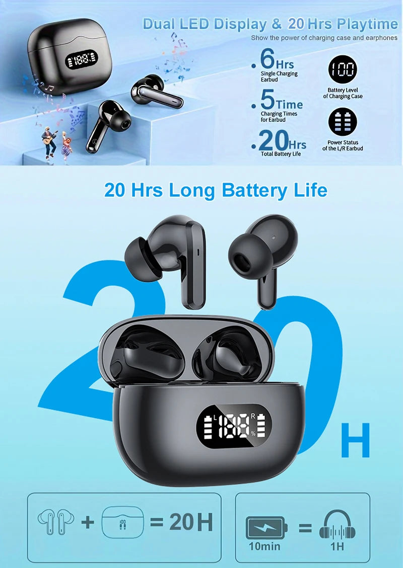 Drahtlose Kopfhörer 40dB Geräuschunterdrückung Bluetooth 5.3 Kopfhörer 6 Mikrofone ENC mit LED-Anzeige HD-Anruf TWS-Ohrhörer Transparenzmodus