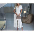 Sommer einfarbig Rundhals Kurzarm Business-Kleid Damen Koreanisch Einreiher Ausgeschnittenes langes Kleid Modetrend