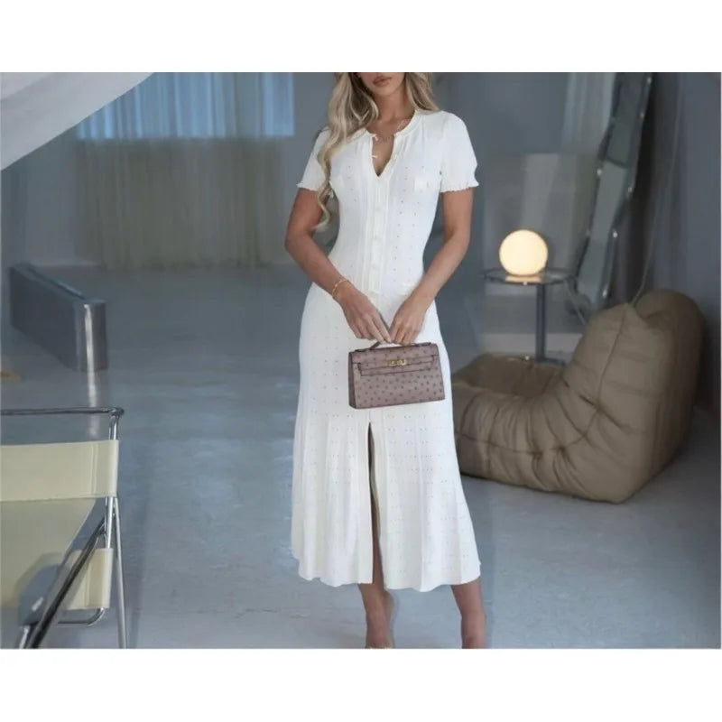 Sommer einfarbig Rundhals Kurzarm Business-Kleid Damen Koreanisch Einreiher Ausgeschnittenes langes Kleid Modetrend