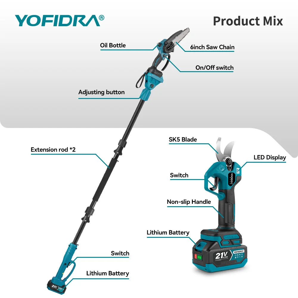 YOFIDRA Bürstenlose Teleskop-Astsäge, elektrische Kettensäge, hoch skalierbar, 30 mm Astschere, Gartengerät für Makita Akku-Anschluss