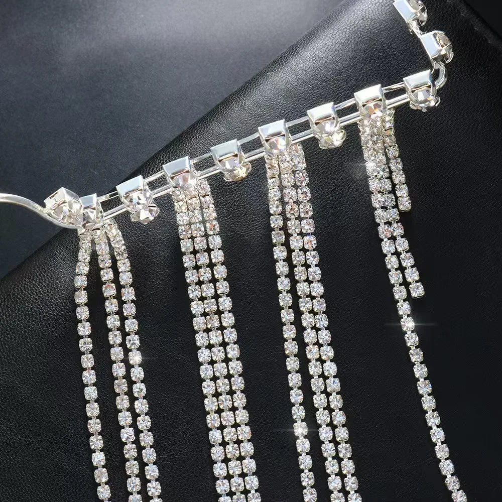 Mode Quaste Halbrahmen-Metallbrille für Frauen Kristall Gesichts-Kette Schmuck Brillen Kpop Make-up Strass-Accessoire Ohne Gläser