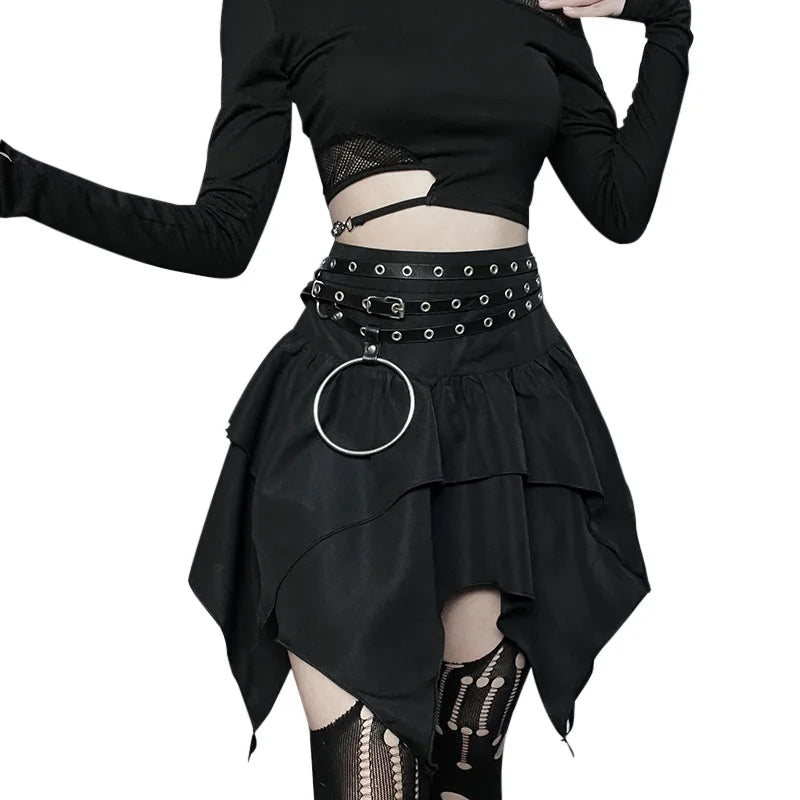 Sommer-Fashion Kurze Röcke Neue sexy Damen Gothic Punk Irreguläre Röcke Einfarbig Tunnelzug zum Binden Geraffte Rüschen Minirock