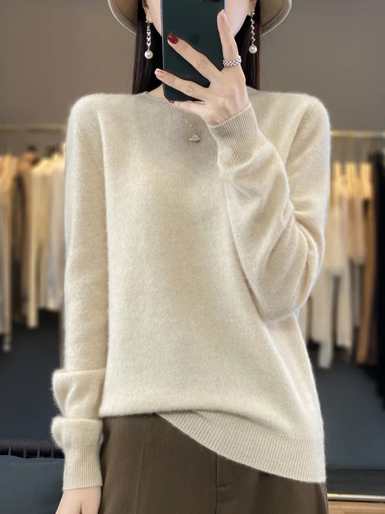 100 % Merinowolle Pullover Damen O-Ausschnitt Kaschmir Strickwaren Female Pullover Herbst Winter Freizeit Oberteile Einfarbig Weiche Kleidung