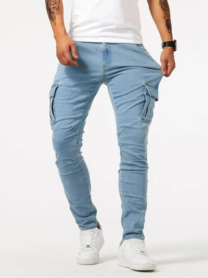 Men's street stretch denim jeans, washed solid color multi pocket work pants, casual slim fit, daily wear, jogging pants, mid wa
