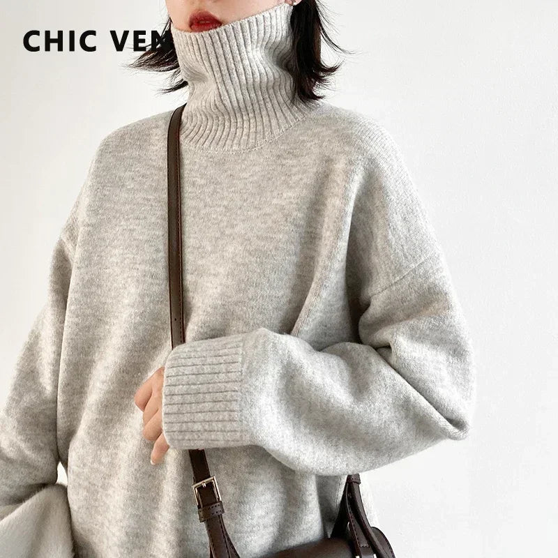 CHIC VEN Koreanischer Damen Pullover Lockerer Rollkragenpullover Warme Einfarbige Pullover Strickwaren Basic Female Tops Herbst Winter 2022