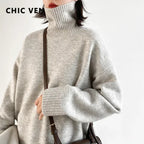 CHIC VEN Koreanischer Damen Pullover Lockerer Rollkragenpullover Warme Einfarbige Pullover Strickwaren Basic Female Tops Herbst Winter 2022