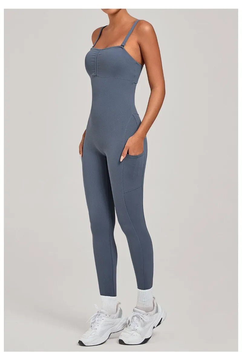 Damen Yoga Jumpsuits Sport Fitness Einteiler Schönheits-Rückengurt Tasche Hüfthebend Slim Fit Laufen Workout Training Bodysuit
