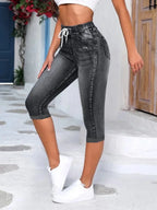 Jeans Damen Wadenlange Hose Denim Passform Hohe Taille Kordelzug Taschen Vintage Bleistifthose 2026 Streetwear Denims