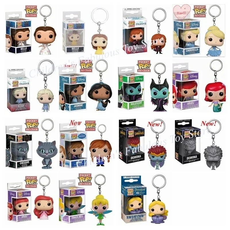 Neue FUNKO Schlüsselanhänger Disney Dämonin Prinzessin Bella Arielle Alice Anna Elsa Bell Jack Sally Stitch Actionfigur Spielzeug Ornamente