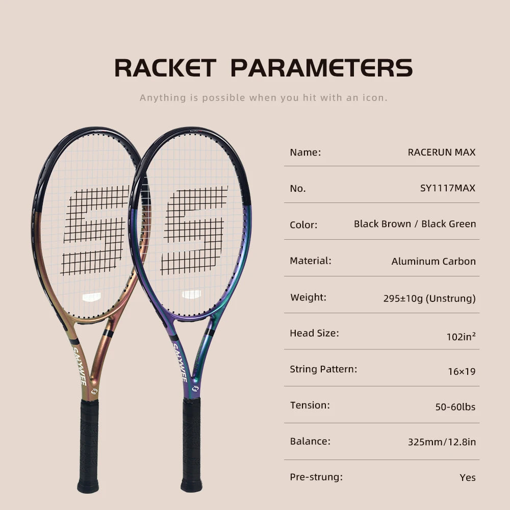RaceRun-MAX Carbon-Verbund Tennisschläger, 295±10g Leichtgewicht, 325mm Balance, einteiliger stabiler Rahmen, 50-60lbs, für Fortgeschrittene