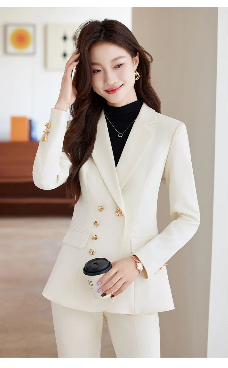 NAVIU Neu 2024 Damen Hosenanzüge Rosa Blazer und Jacken Set Büro Damen Arbeits Business Uniform Weiblicher Hosenanzug OL Stil Beige