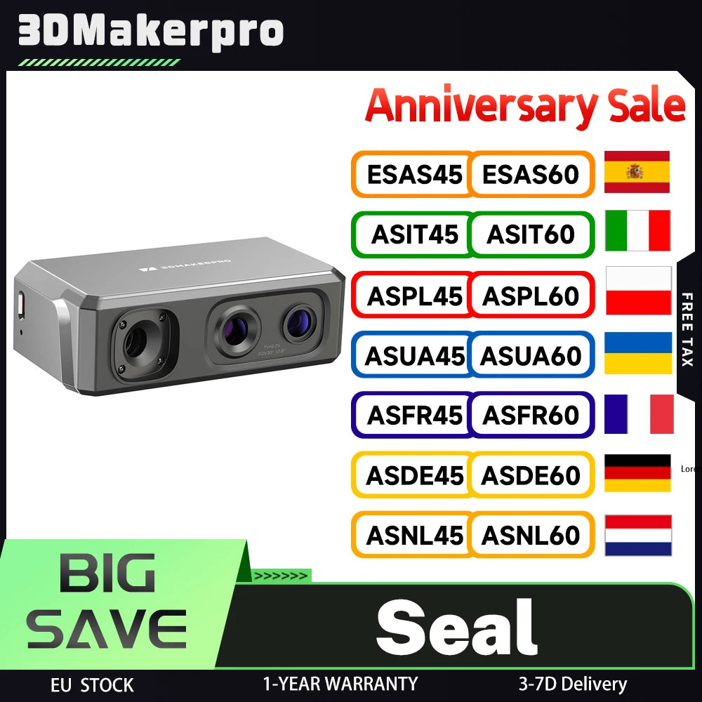 3DMakerpro Seal 3D-Scanner, 0,05 mm Auflösung, 0,01 mm Genauigkeit, 24-Bit Farberfassung, Anti-Shake-Linse, 5x mehr Details pro Einheit Hauptbild