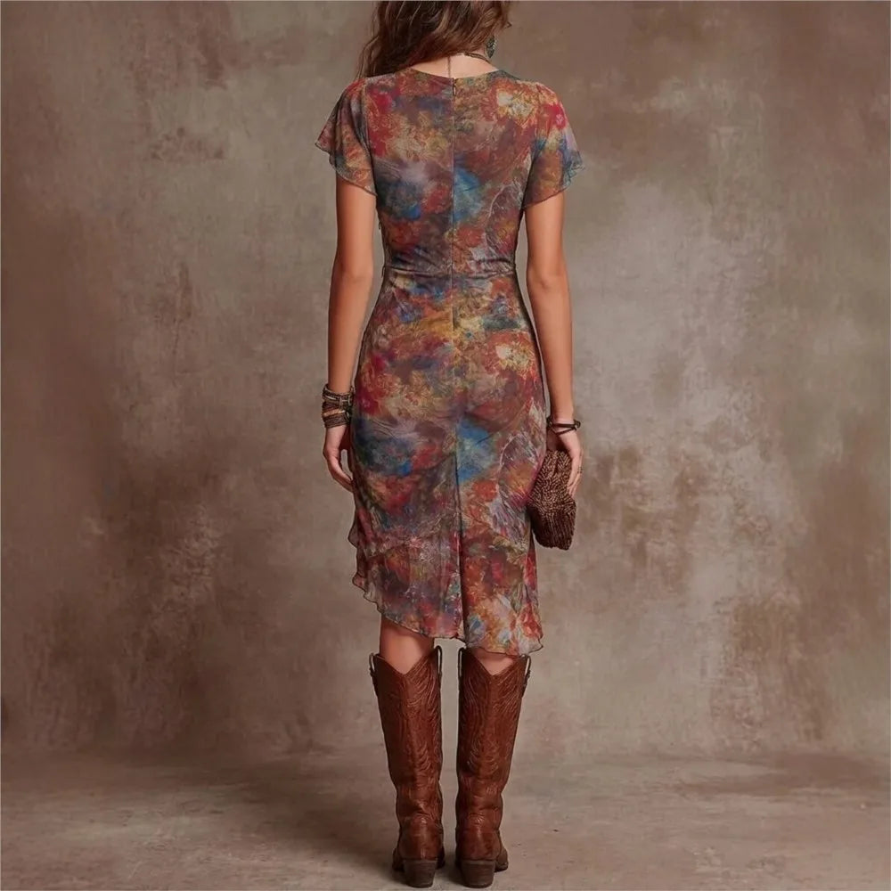 2026 Sexy tief ausgeschnittenes bedrucktes Spitzenkleid für Damen mit kurzen Ärmeln, Sommer, neue Mode, schlankes Rüschen-Abendkleid, kurzes Kleid