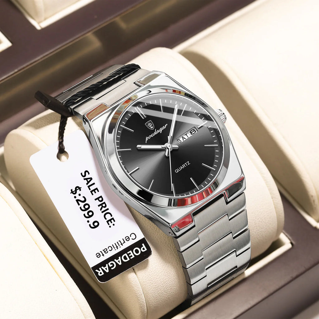POEDAGAR Luxus Herrenuhren Wasserdicht Leuchtende Datumsanzeige Wochentag Herrenuhr Edelstahl Casual Mode Quarz Herren Armbanduhr Reloj