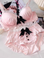 YUQI Kawaii Japanisches Lolita Dessous-Set - Süßer Schleifen-BH-Bezug & Höschen für kleine Brüste, Reiner Sexy Teenager-Mädchen-Charme XS-S Cup BH