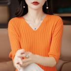 Damen Pullover Frühling Sommer Kurzarm V-Ausschnitt Strickshirt Lässige koreanische Pullover Gestreiftes Unterziehshirt Slim Fit Pullover