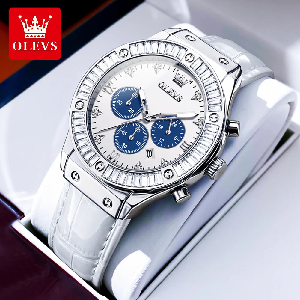 OLEVS 9978 Damenuhr, multifunktionale Quarzuhr, wasserdicht, leuchtendes Lederarmband, elegante modische Uhren für Damen, Geschenke