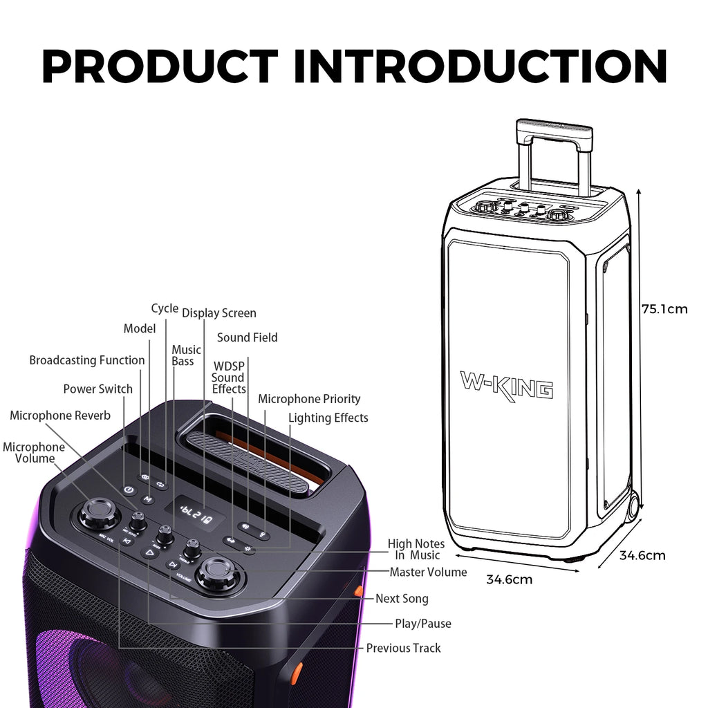 W-KING T12 Portable Bluetooth Speaker Box with 370W MAX Pro Sound, Light Show, CSB, Bass Boost, Wheels and Telescopic Handle