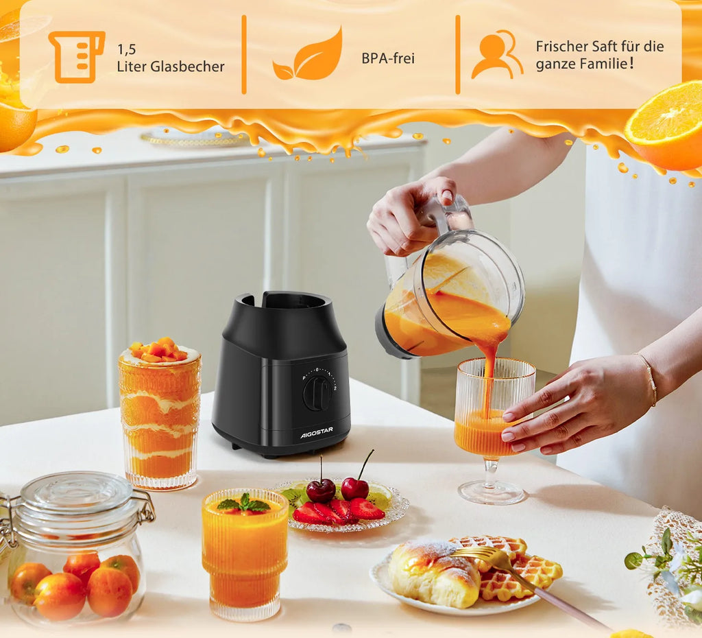 Aigostar Standmixer und Smoothie Maker, 1,5 Liter Glasbehälter, Titanbeschichtete Klingen, Eisfunktion, 2 Geschwindigkeiten + Pulsfunktion