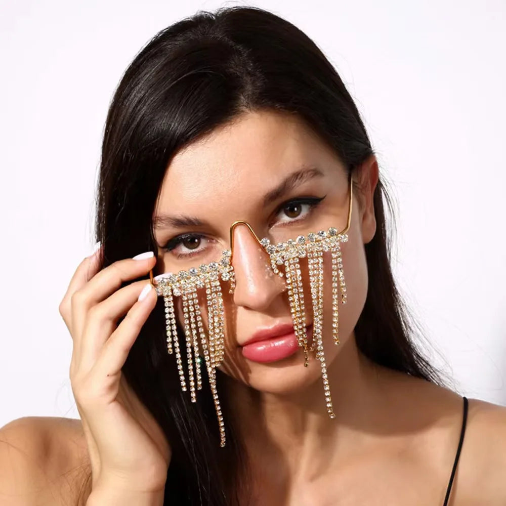 Mode Quaste Halbrahmen-Metallbrille für Frauen Kristall Gesichts-Kette Schmuck Brillen Kpop Make-up Strass-Accessoire Ohne Gläser