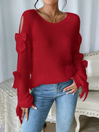 Modischer Strickpullover mit Schleifendetails, durchbrochenen Raglanärmeln und Rundhalsausschnitt im minimalistischen Stil