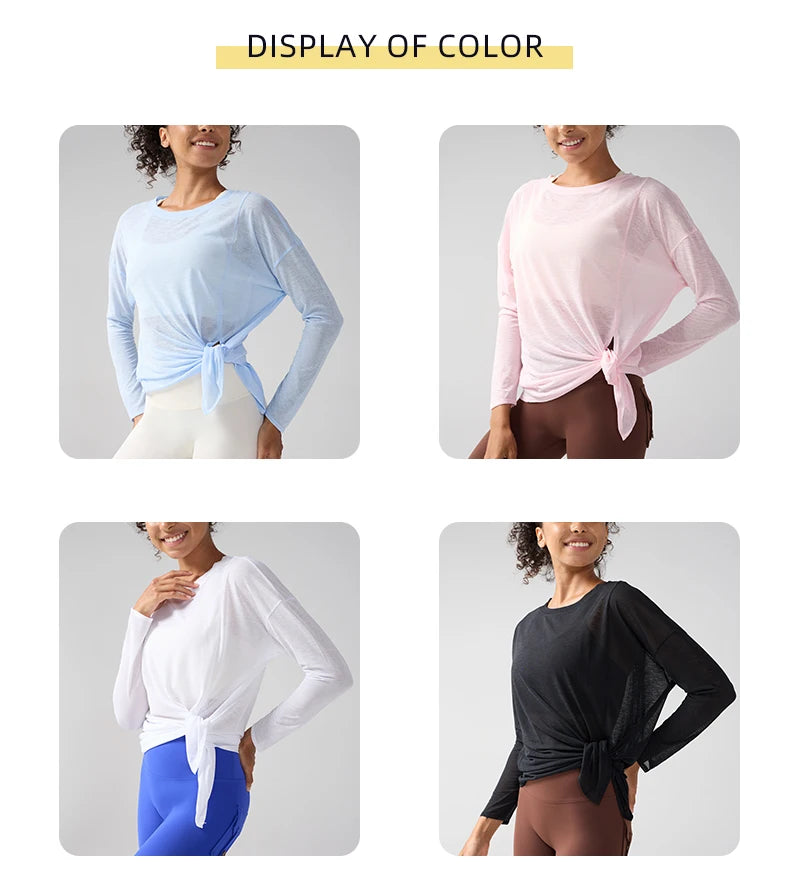 Mode Damen Atmungsaktive Lockere Schnelltrocknende Langarm Yoga Shirts Schlankmachende Seitenschlitze Freizeit Laufen Fitness Radfahren Oberteile