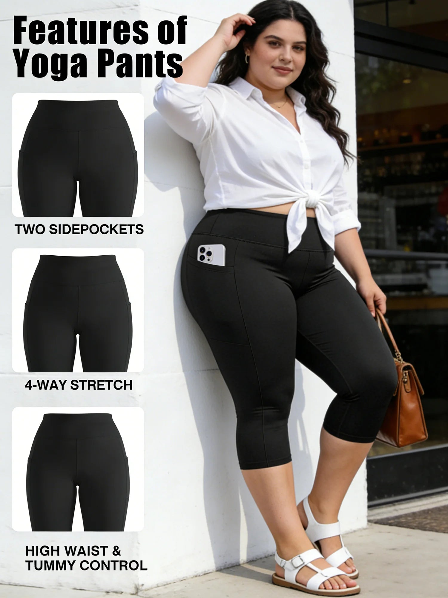 Große Größen Leggings mit Taschen für Damen - Schwarz Hohe Taille Bauchkontrolle Weiche Yogahose für Fitnessstudio-Workouts