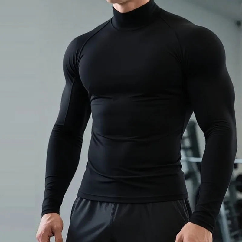 Winter Fleece Sports Shirt Men High Neck Compression Shirt Long Sleeved Training Top High Stretch Undershirt
