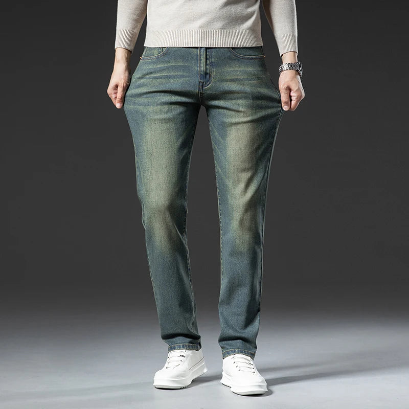 Hochwertige Winterjeans Herren Warme Fleece Verdickte Elastische Denim Hose Fashion Straight Elastische Retro Plüsch Samthose