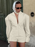 FANTOYE Sexy Deep V-Neck Long Sleeve Shoulder Pads Women 2 Piece Sets Beige Single Breasted Tops Short Pants Winter Lady Outfits