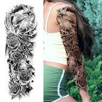 1 Sheet Full Arm Compass Zeus Skull Tiger Lion Flower Temporary Tattoos Sleeve For Men Women Adults Fake Temp Sticker Tattoo