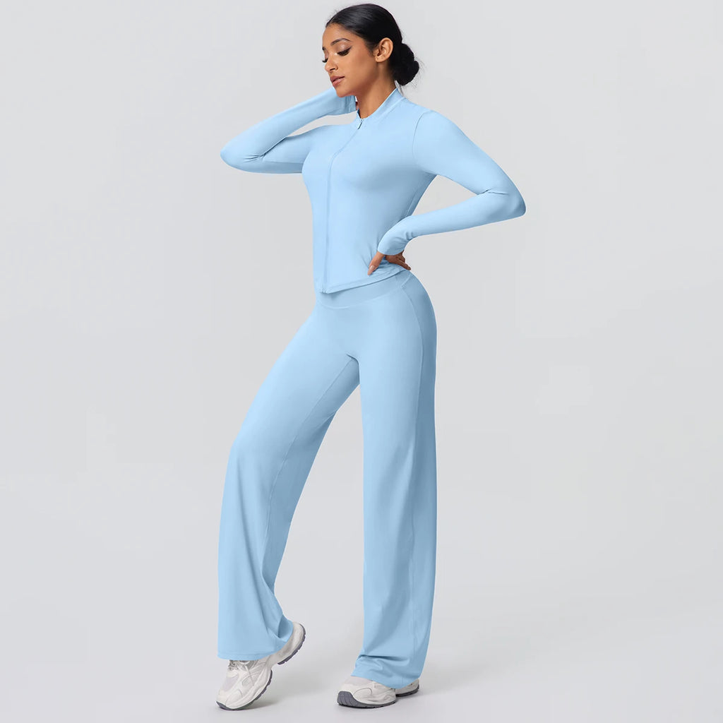 2-teiliges schnelltrocknendes Sport-Fitness-Bekleidung Yoga-Set Damen Yoga Reißverschluss Langarm High Waisted atmungsaktive weite Hose Set