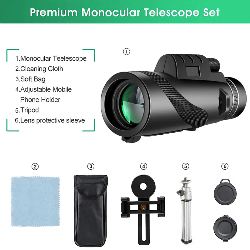 80x100 HD ZOOM Leistungsstarkes monokulares Teleskop Tragbares Fernglas Langstrecken-Teleskop Jagd Camping mit Stativ und Telefonclip