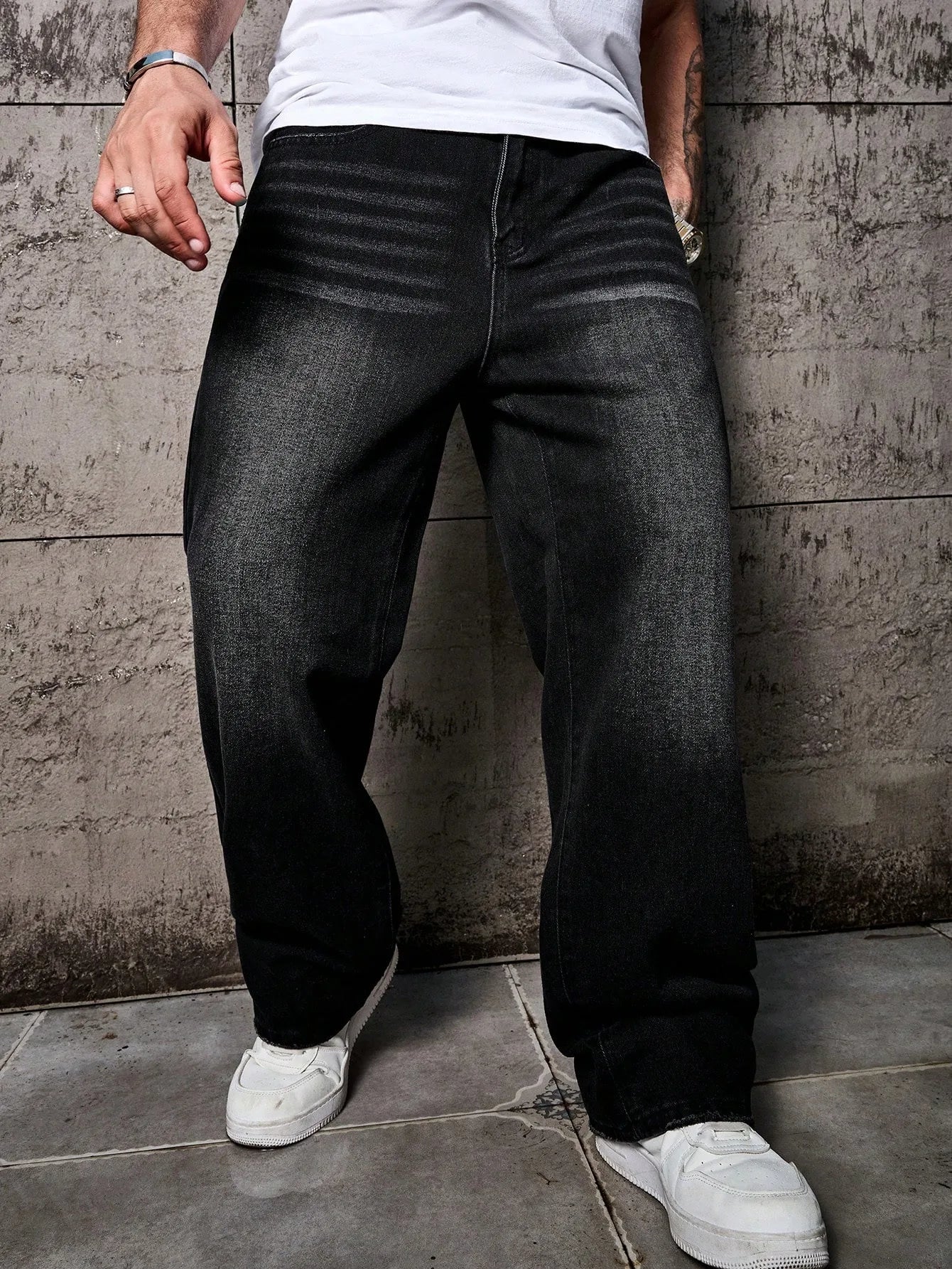 1 Stück Herren-Jeans im Vintage-Stil, Schwarz gewaschen, Distressed, locker, weites Bein, Relaxed Straight, perfektes Geschenk für Ehemann, Freund Hauptbild