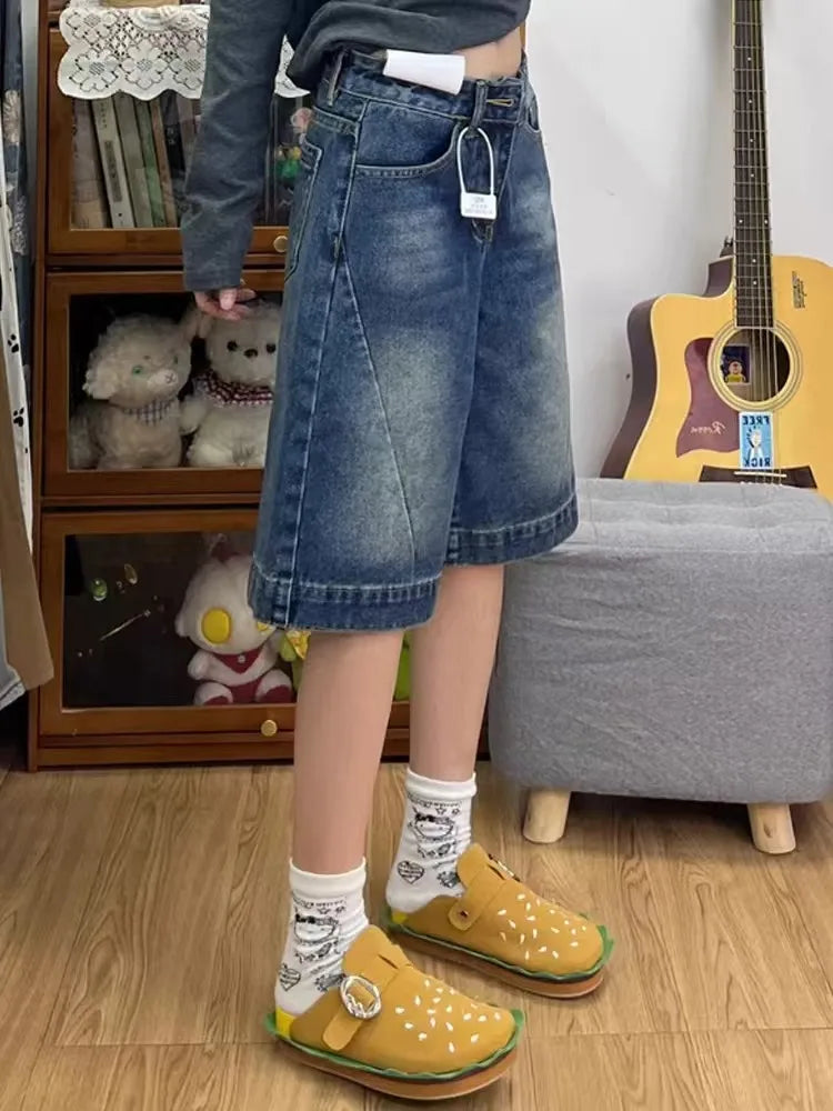 Spicy Girl Retro Amerikanische Fünf-Punkt-Denim-Shorts Damen Sommer Neue Lockere Design Schmale Gerade Weite Beinhosen Mittellange Hose