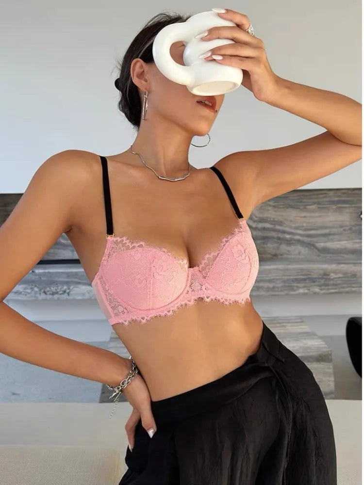 Sexy Spitzen-BH- und Höschen-Set, Minimizer, Anti-Sagging, vollflächig bedeckend, verstellbarer Bügel, große Bruststütze, dünne Seitenstütze, kein Überlaufen