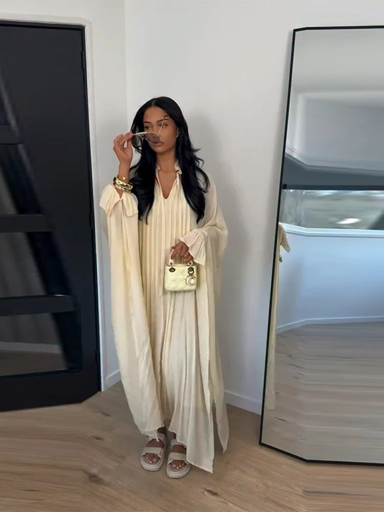 Maxikleid Damenkleider Fledermausärmel Beige Rüschen Bindekragen Plissiert Oversized Damenbekleidung Freizeitkleidung Sommer-Outfit