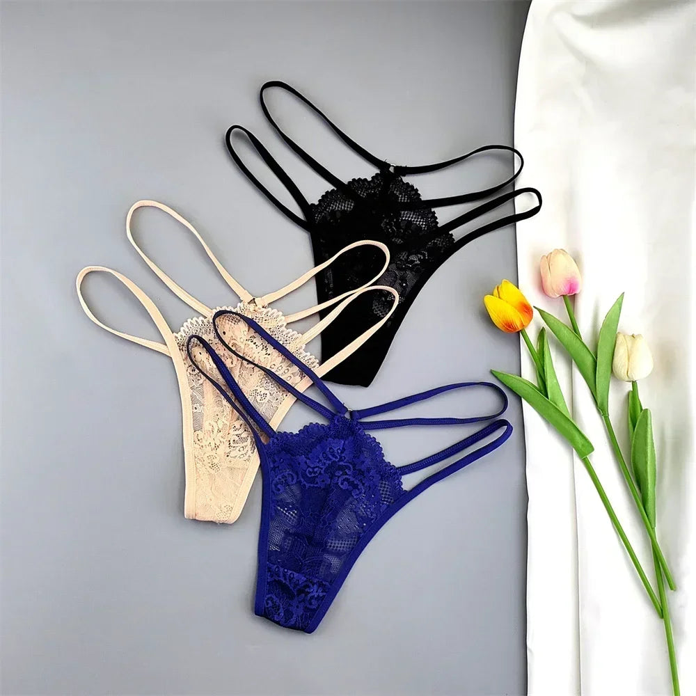 3 Stück Spitze Dünne Träger Tanga Frauen Tiefe Taille Sexy Perspektive Unterwäsche Damen Transparenter G-String Slip Plus Size T-Rücken