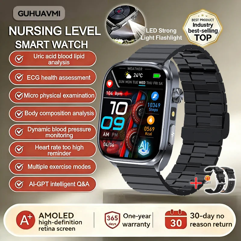 Neue Gesundheitsuhr Harnsäure Blutdruck Blutsauerstoff Körperanalyse Körperfett Smartwatch EKG+PPG Bluetooth Anruf Uhr Frauen Männer