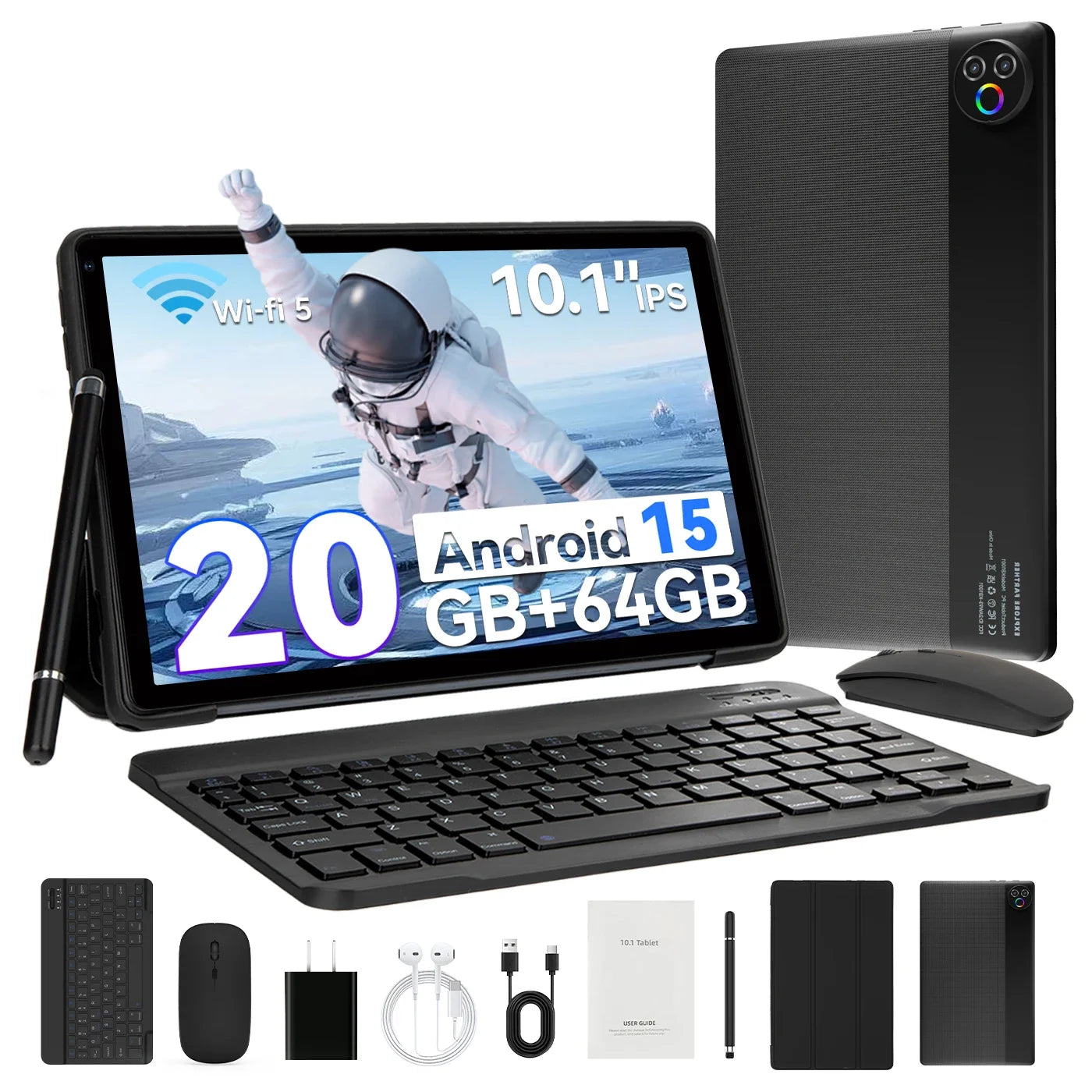 URAO Android 15 Tablet 10,1 Zoll 20GB RAM 64GB ROM 5-Kern Dual Kamera Tablets PC Set Tastatur/Hülle/Maus/Stylus/Kopfhörer