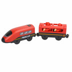 Magnetischer elektrischer Zug Lokomotive Holzeisenbahn Schlitz Diecast Eisenbahn mit zwei Waggons Zug Holz Kinderspielzeug Biro Leduo Strecke
