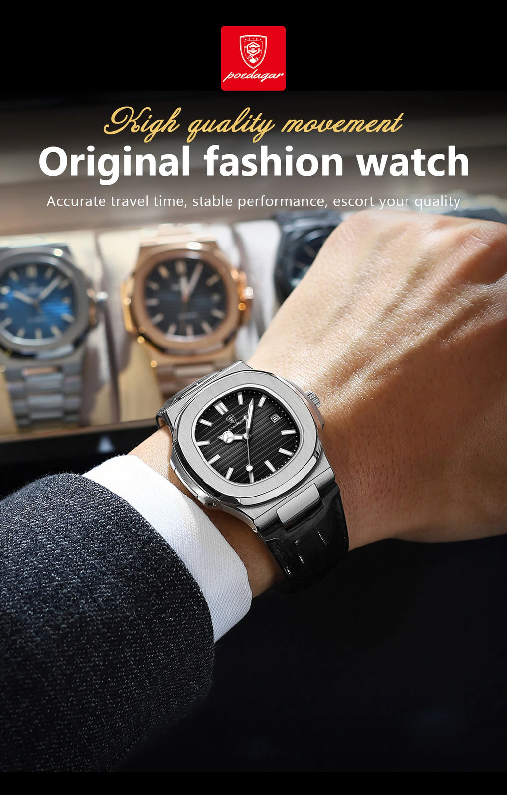 POEDAGAR Top Luxus Quadratische Herrenuhr Datum Wasserdicht Leuchtend Herren Armbanduhr Hochwertige Leder Herren Quarzuhren+Box Reloj