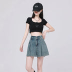 Koreanische Lässige High Waist Plissierte Denim Shorts Für Frauen Frühling Sommer Baggy Jeans Shorts Y2k A-Linien Weite Beine Jeans