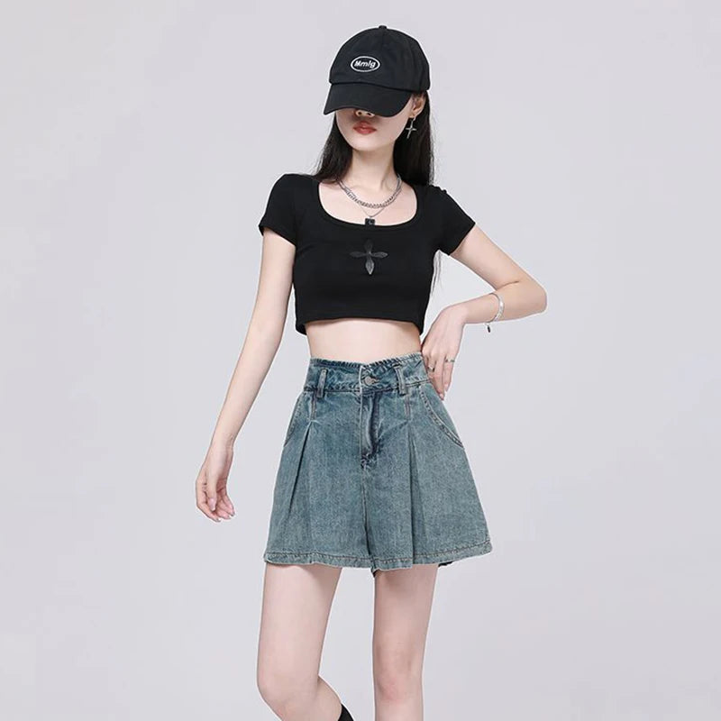 Koreanische Lässige High Waist Plissierte Denim Shorts Für Frauen Frühling Sommer Baggy Jeans Shorts Y2k A-Linien Weite Beine Jeans
