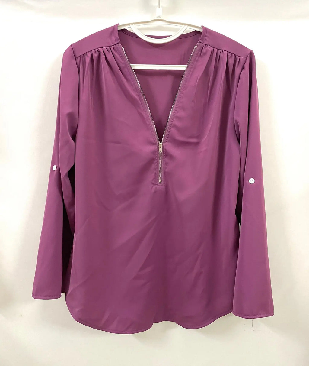 2024 Qualität Heißer Verkauf Plus Size Tiefer V-Ausschnitt Damenbluse Chiffon Coole lockere Hemd Mode Freizeit Damen Tops Sexy Reißverschluss Pullover
