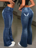 Y2K Lässige Stretchy High Waist Jeans mit Flügel-Stickerei und ausgestelltem Bein Sexy Retro Taschen Skinny Fitted Festival Jeans für Damen