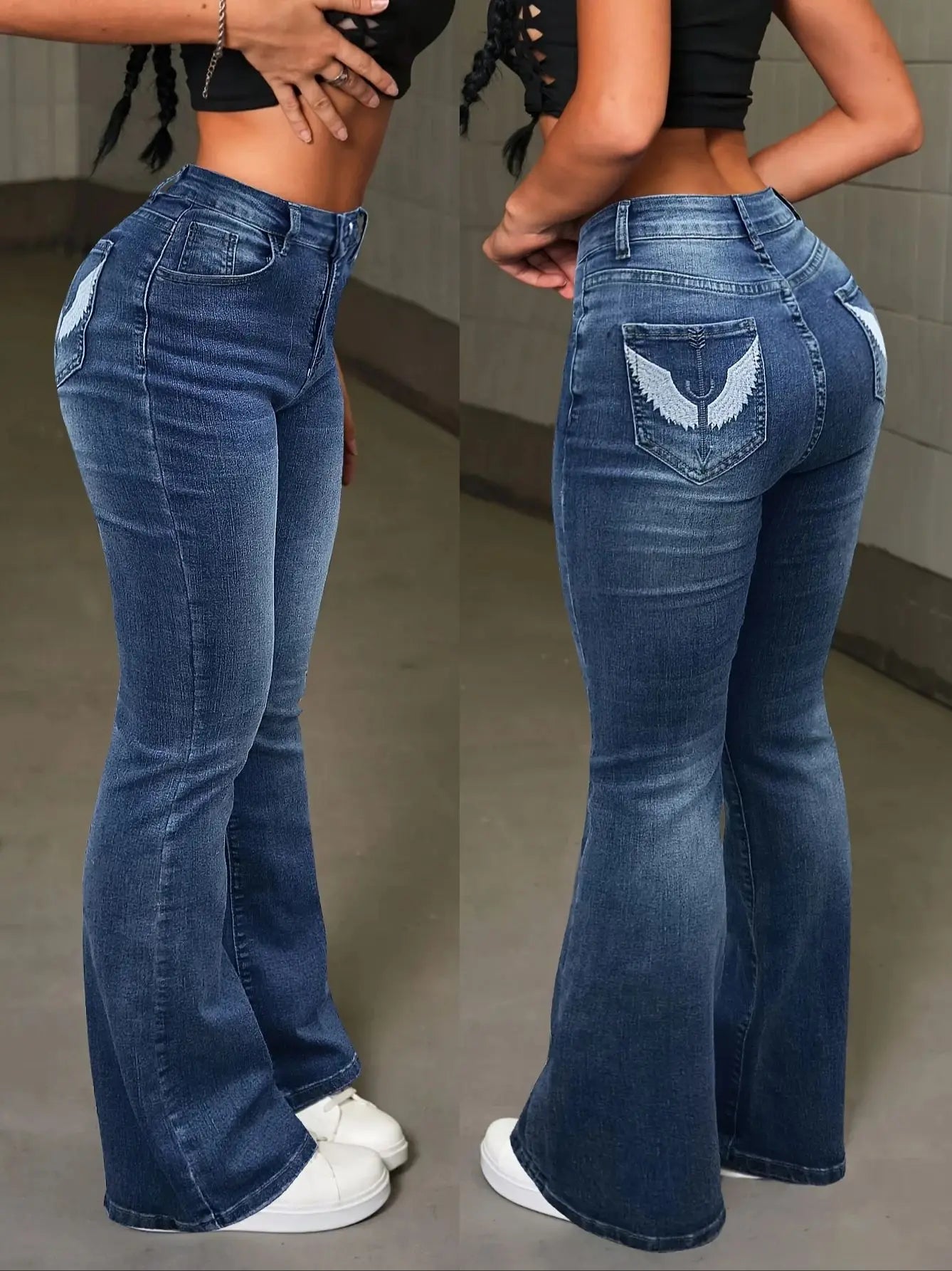 Y2K Lässige Stretchy High Waist Jeans mit Flügel-Stickerei und ausgestelltem Bein Sexy Retro Taschen Skinny Fitted Festival Jeans für Damen