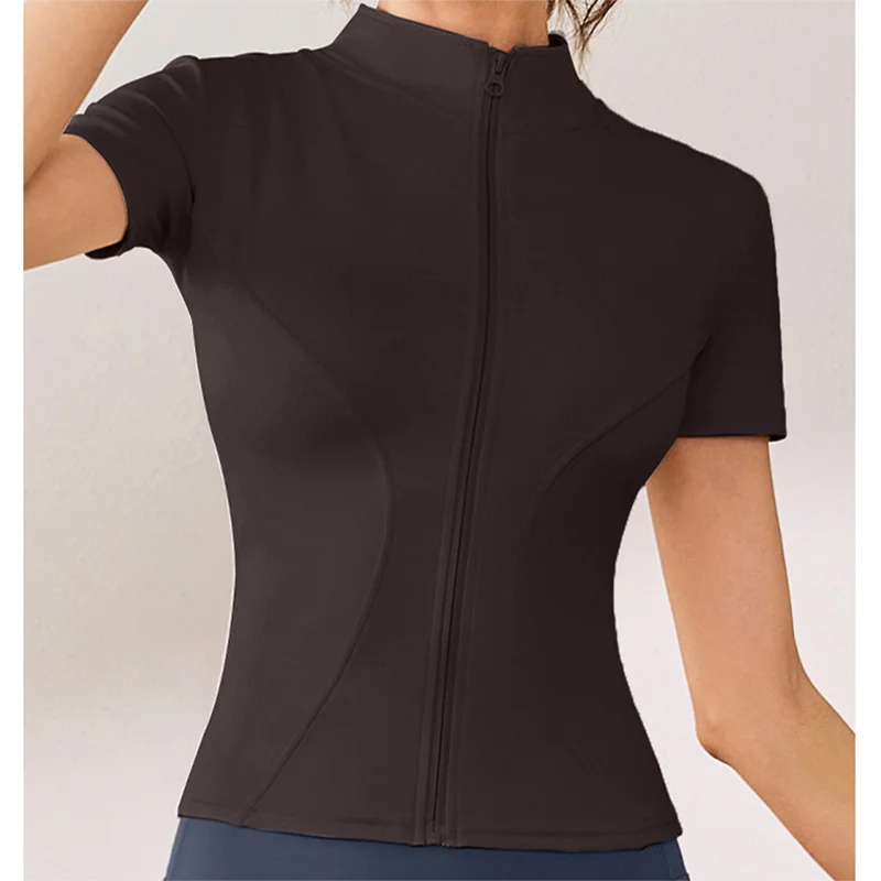 Slim Fit Kurzarm Yoga Shirt Damen Stehkragen Reißverschluss Jacke High End Lauf Sport Fitness Top